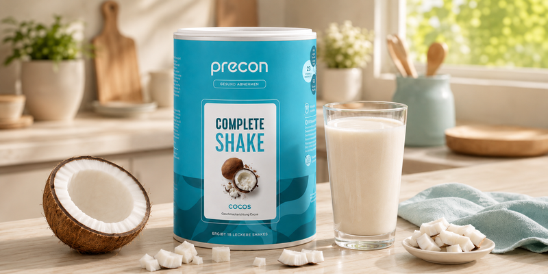 Precon Complete Shake Cocos mit einem Glas Shake und einer aufgeschlagenen Kokosnuss in der Küche