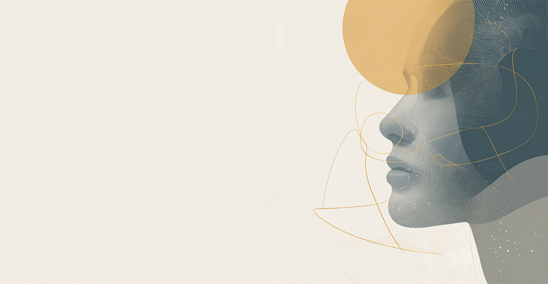 Grafische Illustration eines Frauenprofils mit goldenem Kreis und feinen Linien als Symbol für mentale Stärke