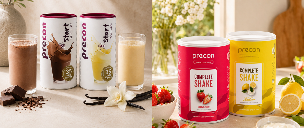 Precon Start-Shakes Schoko und Vanille neben Precon Complete Shakes Erdbeere und Zitrone mit gefüllten Gläsern