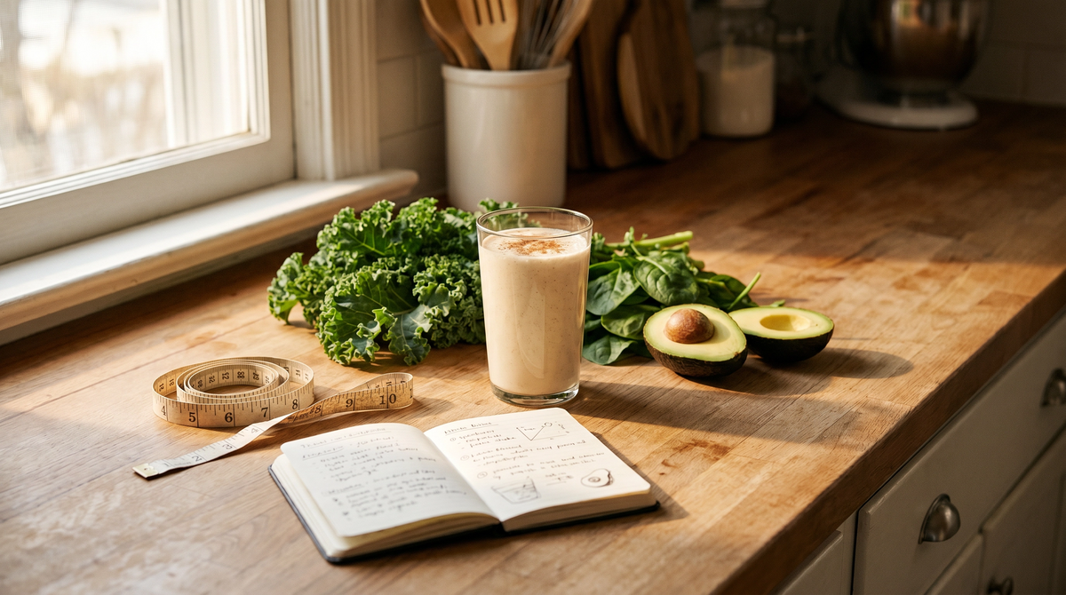 Shake im Glas mit Grünkohl, Avocado, Maßband und Notizbuch auf einer Küchenarbeitsplatte