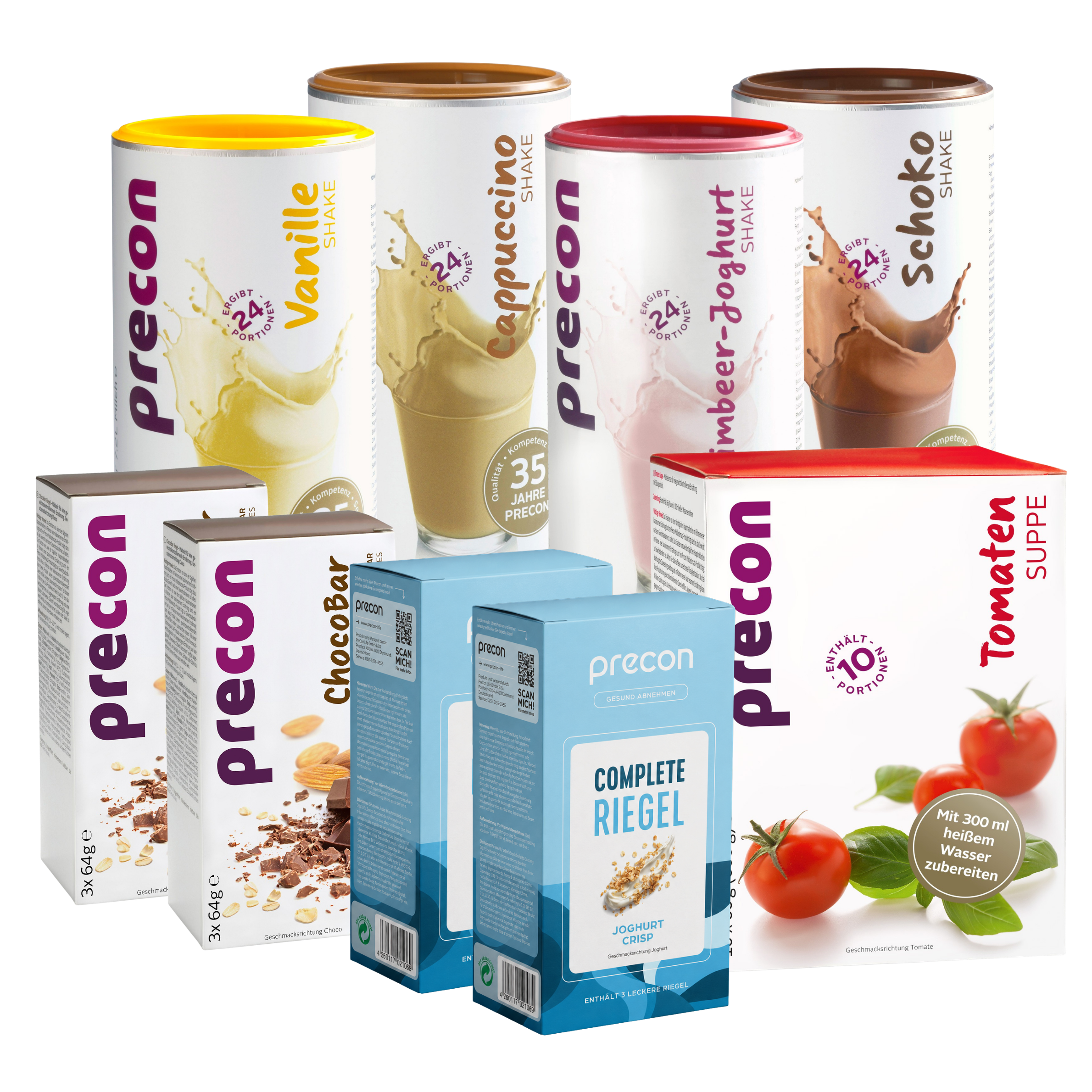 Das Precon 2-Monats-Vorrats-Paket CH enthält Produkte zur Gewichtsreduktion wie Shakes (Vanille, Cappuccino, Himbeer-Joghurt, Schokolade), ChocoBar-Boxen, Complete-Riegel und eine Tomatensuppen-Box.