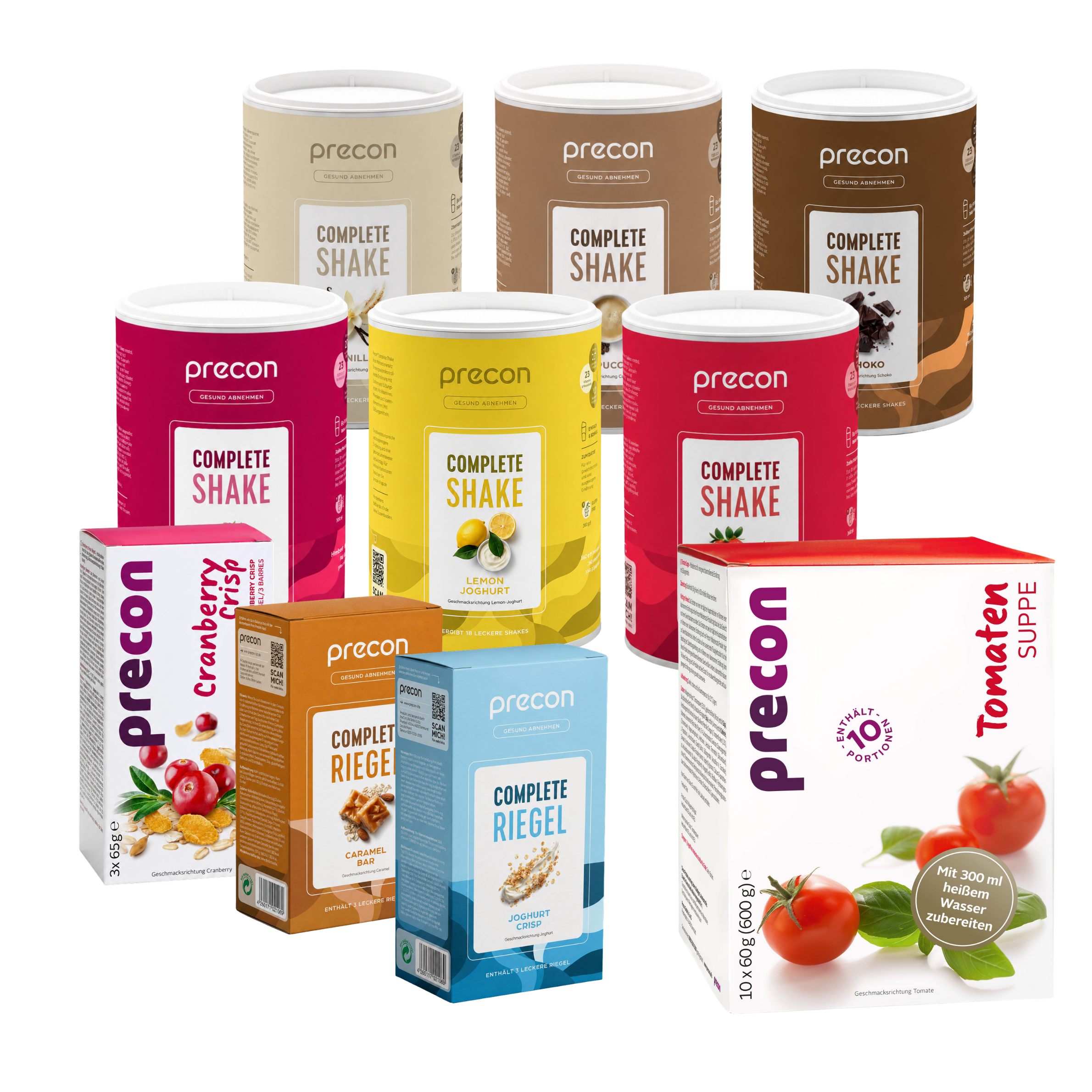 Eine Auswahl an Produkten aus dem „Precon 2-Monats-Vorrats-Paket CH“ zur Gewichtsabnahme, bestehend aus verschiedenen Shakes, Riegeln und Suppen in zahlreichen Geschmacksrichtungen und mit farbenfrohen Verpackungen – ideal für einen Vorrat von zwei Monaten.