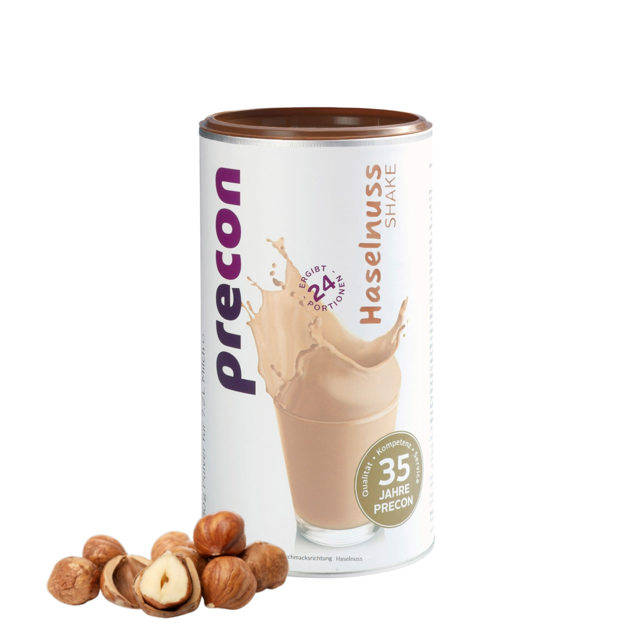 Der Precon Haselnuss-Shake-Behälter zeigt auf seinem Etikett eine Spritzer-Grafik und ein Glas Haselnuss-Shake, vor dem ganze und geknackte Haselnüsse angeordnet sind.