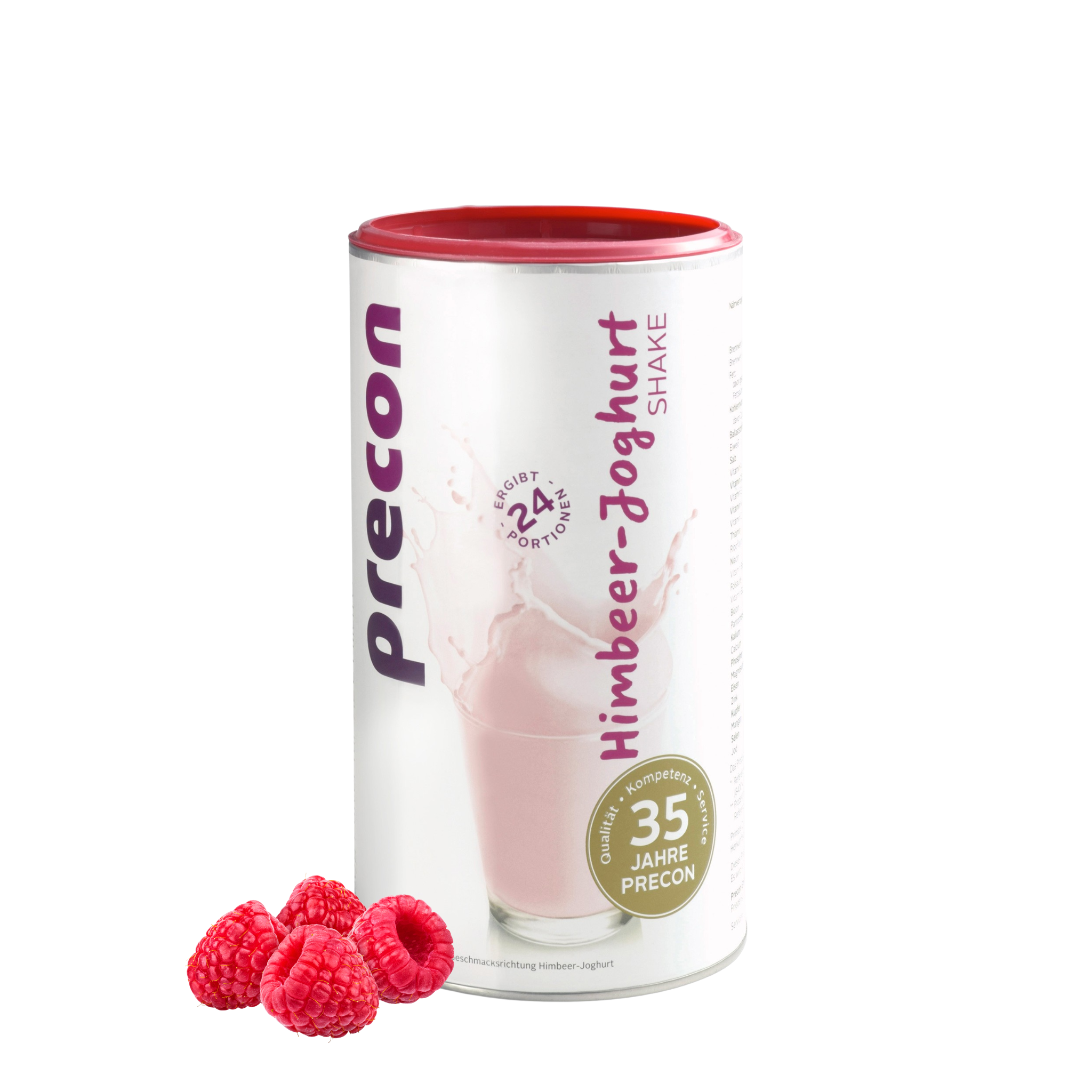 Ein Precon Himbeer-Joghurt-Shake-Behälter, auf dessen Etikett ein Glas rosa Joghurt-Shake abgebildet ist, steht neben drei frischen Himbeeren und unterstreicht die Unterstützung der Gewichtsabnahme.