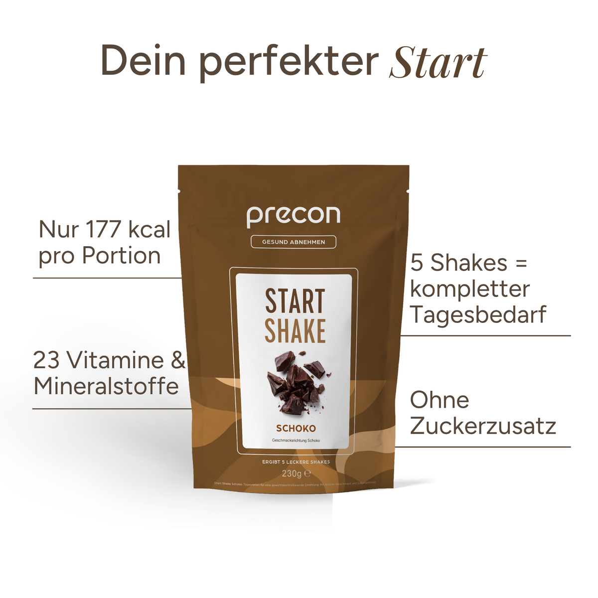 Zu sehen ist ein brauner Beutel mit „Start Shake Schoko“ der Anona GmbH, auf dem in deutscher Sprache die Vorteile hervorgehoben werden: 177 kcal pro Portion, 23 Vitamine und Mineralstoffe, deckt den Tagesbedarf mit 5 Shakes ab und enthält keinen zugesetzten Zucker.