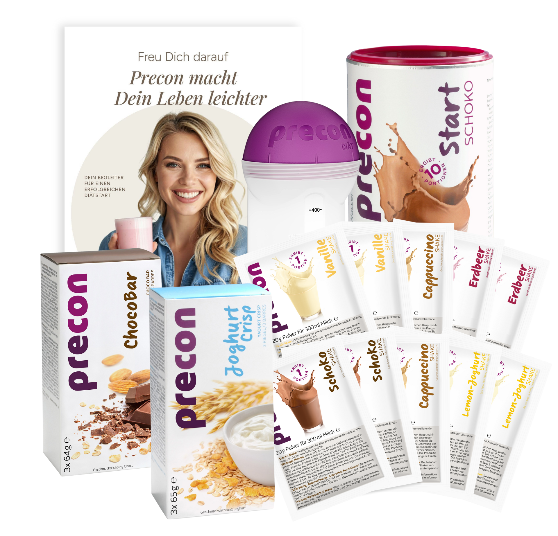Das Precon Einsteiger-Startpaket CH enthält alles, was man zum Abnehmen braucht: Mahlzeitenshake-Beutel, einen Shaker, ChocoBar, Joghurt Crisp-Riegel, eine Start Schoko-Dose und ein Booklet mit einer lächelnden Frau auf dem Cover.