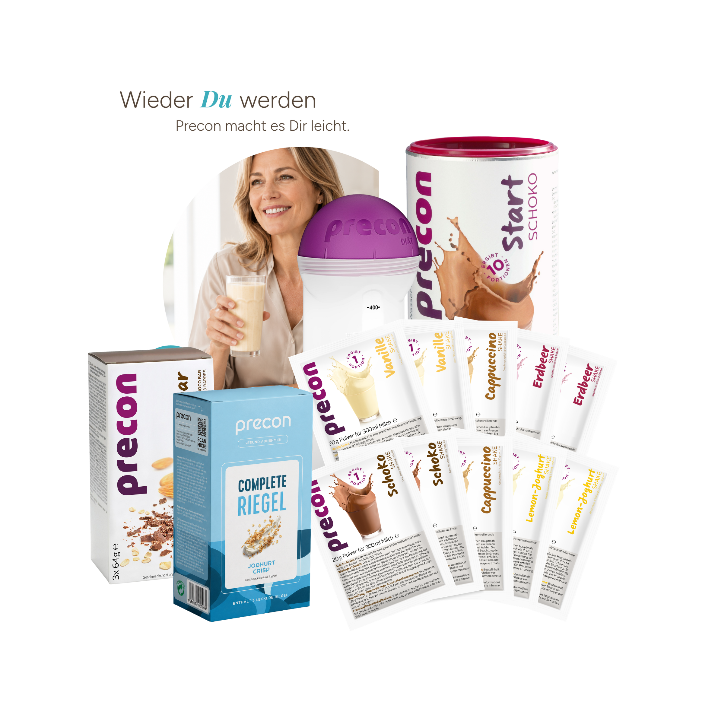 Precon Einsteiger-Startpaket CH mit Shake-Portionen, einem Shaker, einer Packung Riegel und einem Poster, auf dem eine lächelnde Frau zu sehen ist, die einen Shake in der Hand hält. Die Produkte und das Poster sind mit deutschen Texten versehen.