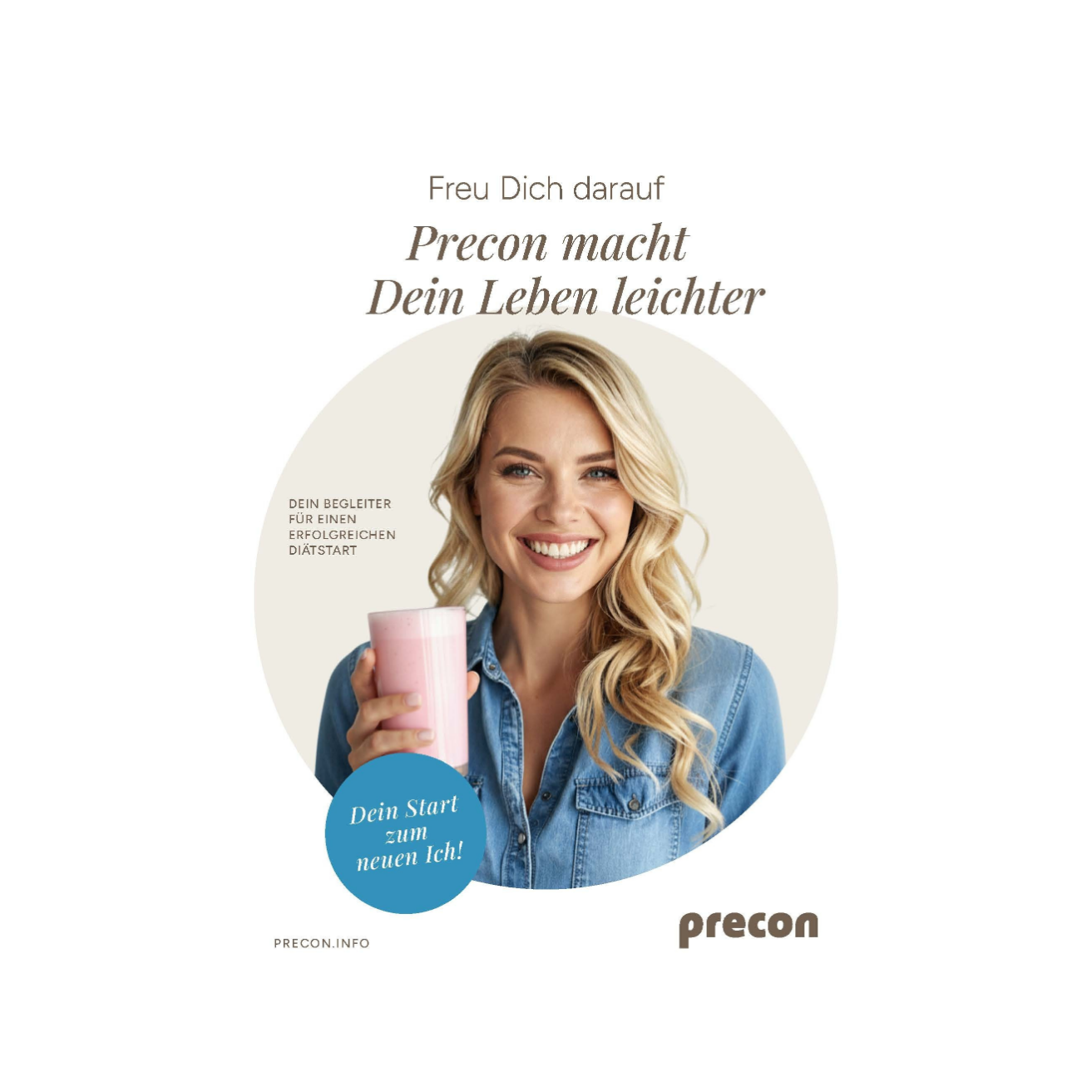 Eine lächelnde Frau mit langen blonden Haaren, die ein blaues Shirt trägt, hält einen rosa Milchshake in der Hand. Der deutsche Text wirbt für das Handbuch der Kuthal Print & Binding GmbH und hebt dabei das „gesunde Abnehmen“ sowie das Erreichen des „Wohlfühlgewichts“ mit einfachen Schritten für einen Neuanfang hervor.
