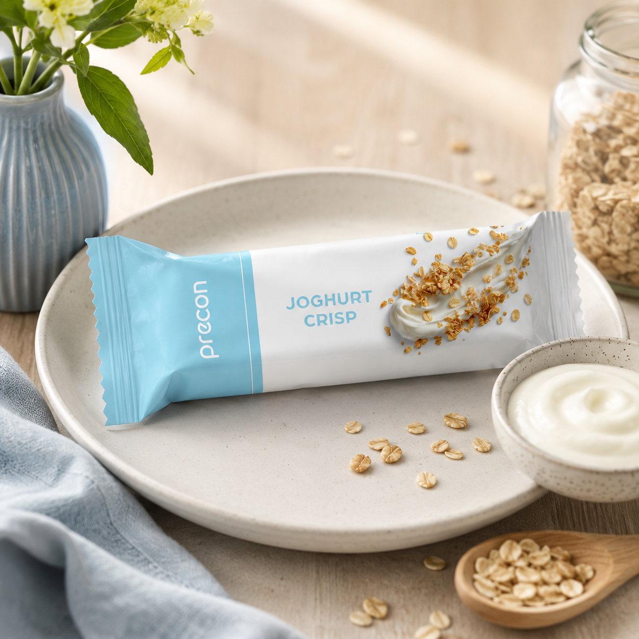 Auf einem hellen Holztisch liegt ein „Complete Riegel JoghurtCrisp“ der Anona GmbH auf einem beigen Teller, umgeben von Haferflocken, einer Schüssel Joghurt, Müsli in einem Glas und einer blauen Blumenvase.