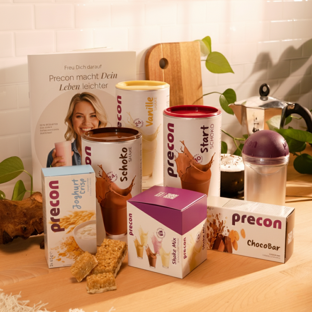 Ein 4-Wochen-Neujahrspaket CH von Precon mit Shake-Dosen, einer ChocoBar-Schachtel und Müsliriegeln steht auf einem Küchentisch neben einer Shaker-Flasche und einer Broschüre mit einer lächelnden Frau im Hintergrund.