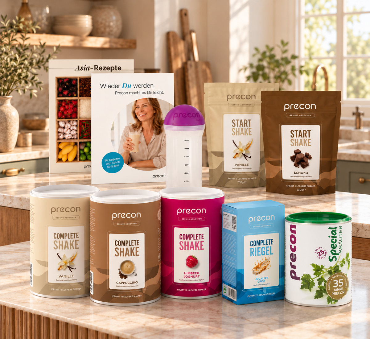 Ein Precon 4-Wochen-Paket CH – eine Auswahl an Dosen und Beuteln mit Mahlzeitenersatz-Shakes, eine Schachtel mit Riegeln, eine Shaker-Flasche und Rezepthefte auf einer Küchenarbeitsplatte.