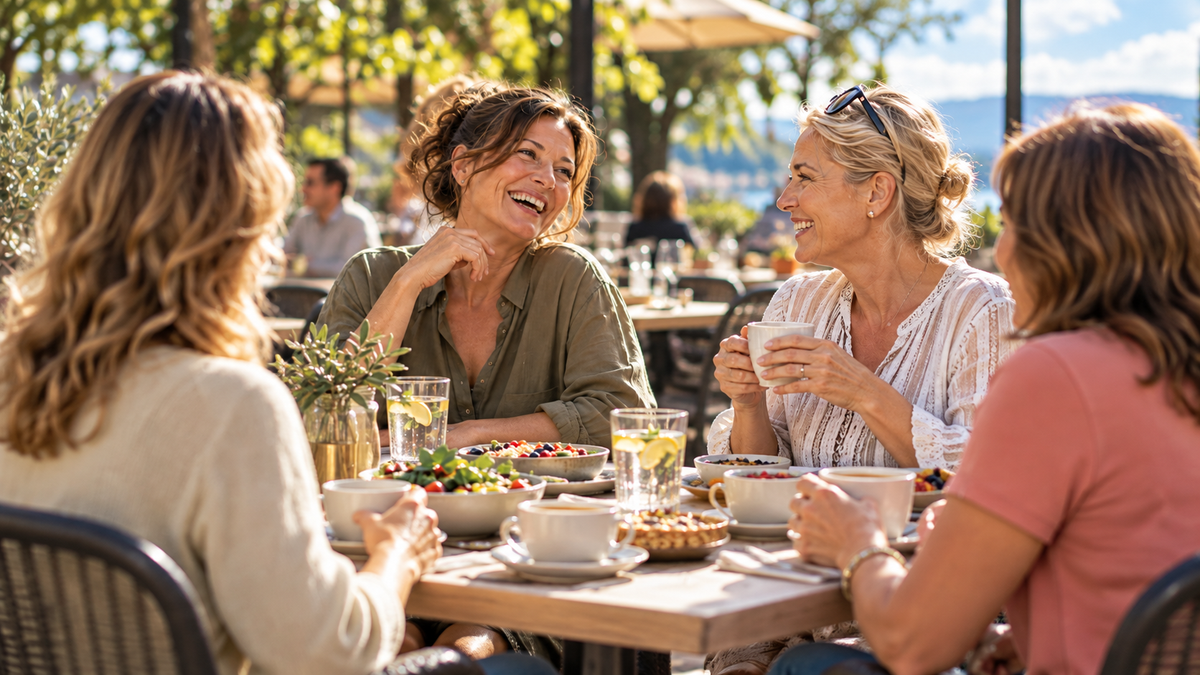 Vier Frauen, die lachend und plaudernd an einem Tisch im Freien zu Mittag essen, während Bundle Builder aktualisiert wird – Testprodukt von Precon.