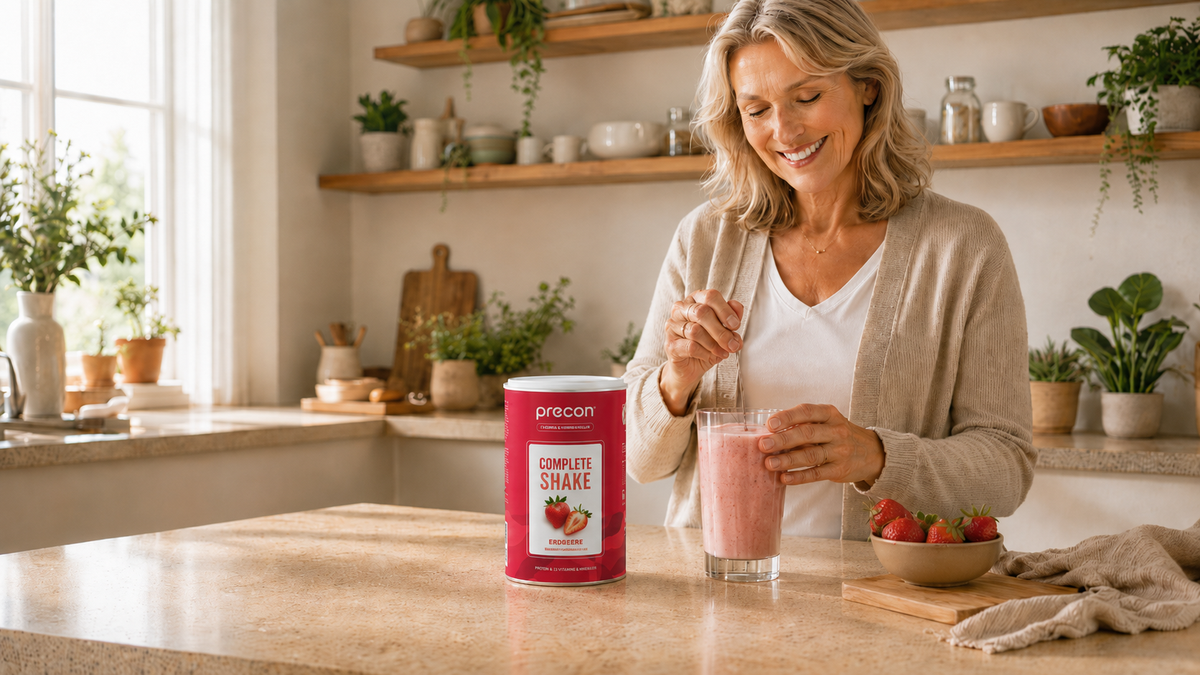Lächelnde Frau rührt in der Küche einen Precon Complete Shake Erdbeere an, daneben Dose und frische Erdbeeren