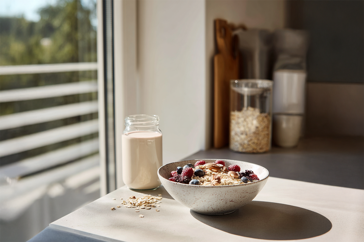 Frühstück mit Shake im Glas und Haferflocken-Bowl mit Beeren auf einem sonnigen Küchentresen