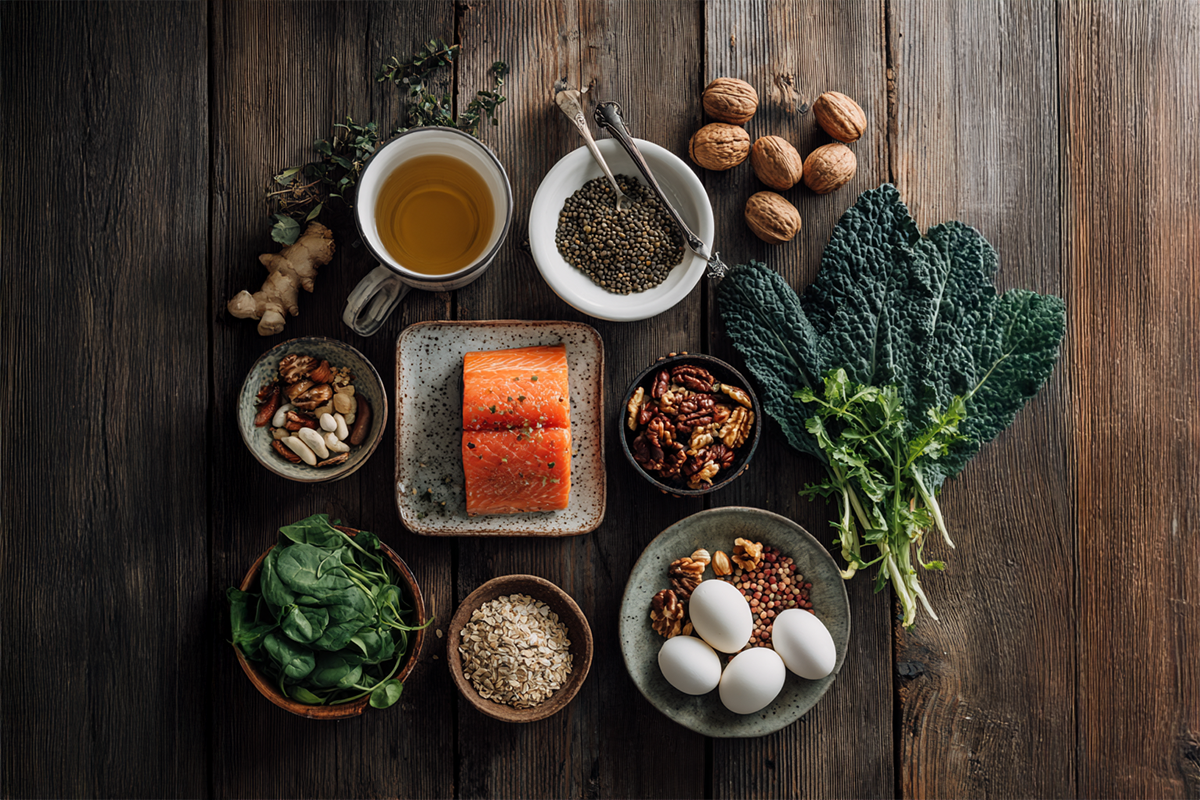 Nährstoffreiche Lebensmittel für den Winter wie Lachs, Grünkohl, Nüsse, Eier, Tee und Ingwer auf Holz