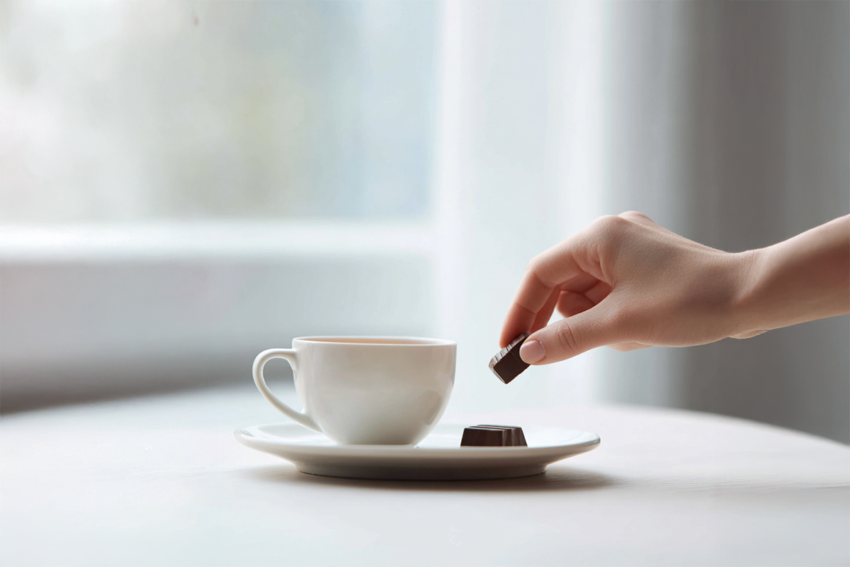 Hand greift nach einem Stück Schokolade neben einer Tasse Kaffee – Symbolbild für Heißhunger