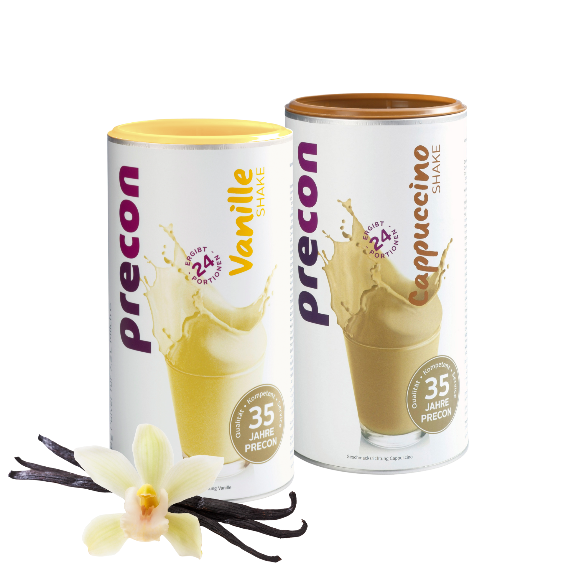Zwei Precon Mix & Match Bundle Shakes - ein Vanille- und ein Cappuccino-Shake - stehen nebeneinander mit einer Vanilleblüte und -schoten davor. Auf einem lila Kreis steht: Sorten individuell kombinierbar - Mix & Match Shake Paket für deine Lieblingssorten!.
