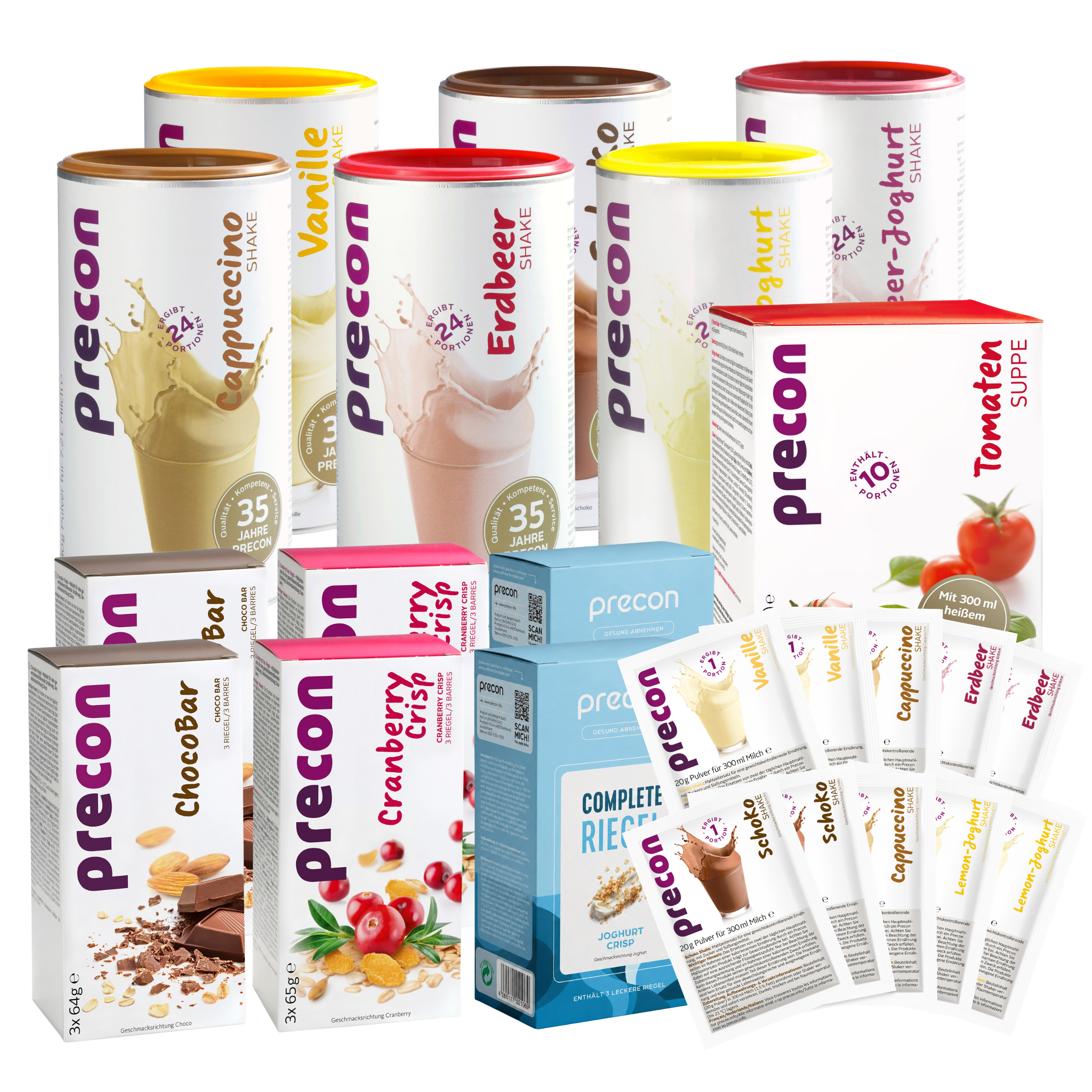 Das „Precon 3-Monats-Mega-Vorrats-Paket CH“ enthält Shakes in verschiedenen Geschmacksrichtungen, Snackriegel, Suppenpackungen und Mahlzeitenersatz-Beutel, die alle vor einem weißen Hintergrund abgebildet sind.