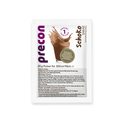 A-Paket: „Schoko-Shake“-Beutel von Precon mit einem Schuss Schokoladenmilch, mit deutschem Text, der Produktinformationen und Anweisungen für diesen Mahlzeitenersatz enthält, der speziell zur Unterstützung der Gewichtsabnahme entwickelt wurde.