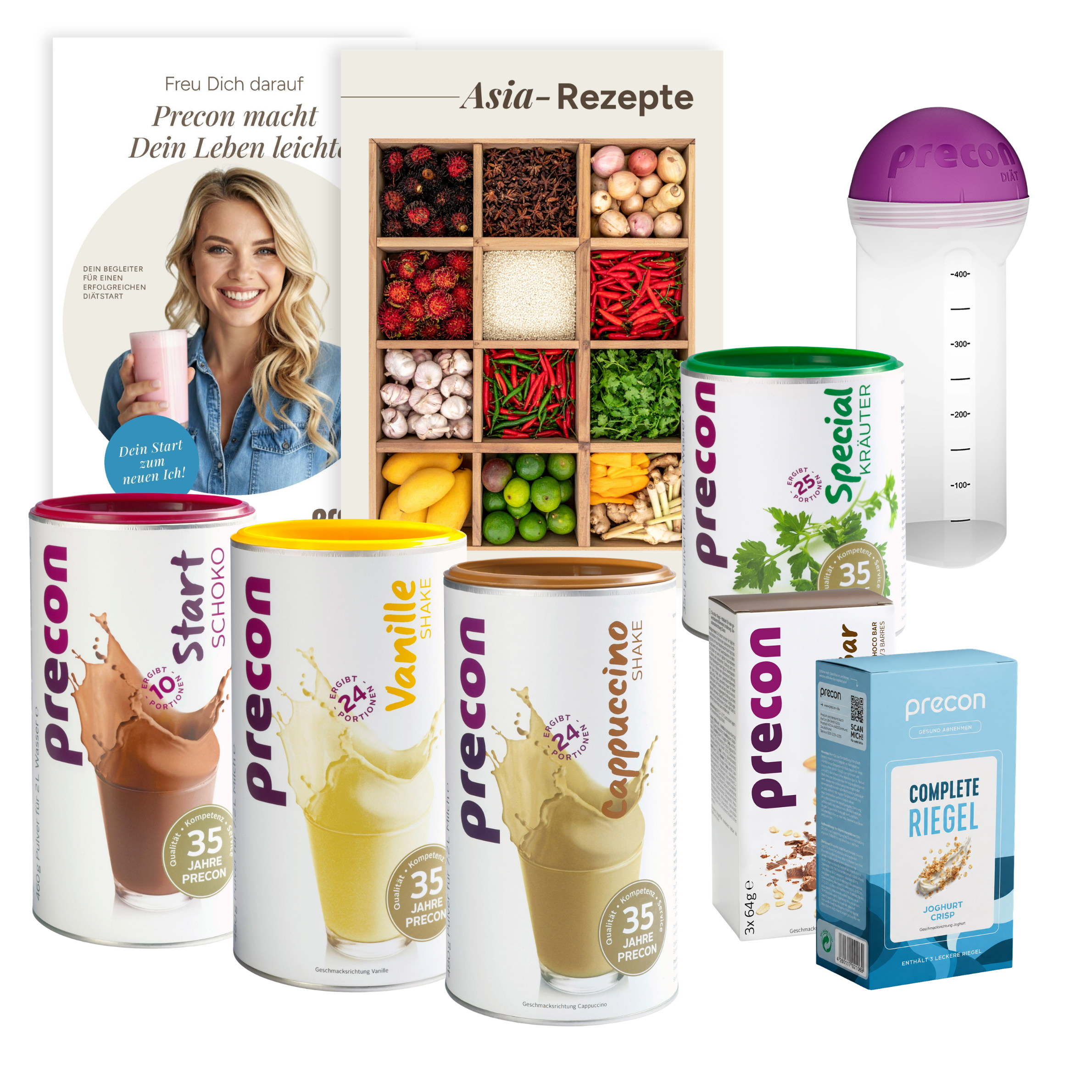 Das „Precon 4-Wochen-Frühlingspaket“ enthält Schokoladen-, Vanille- und Cappuccino-Shakes, Suppe, Proteinriegel, eine Shaker-Flasche sowie zwei Rezepthefte – eines davon mit einer lächelnden Frau auf dem Cover, die einen Shake in der Hand hält.