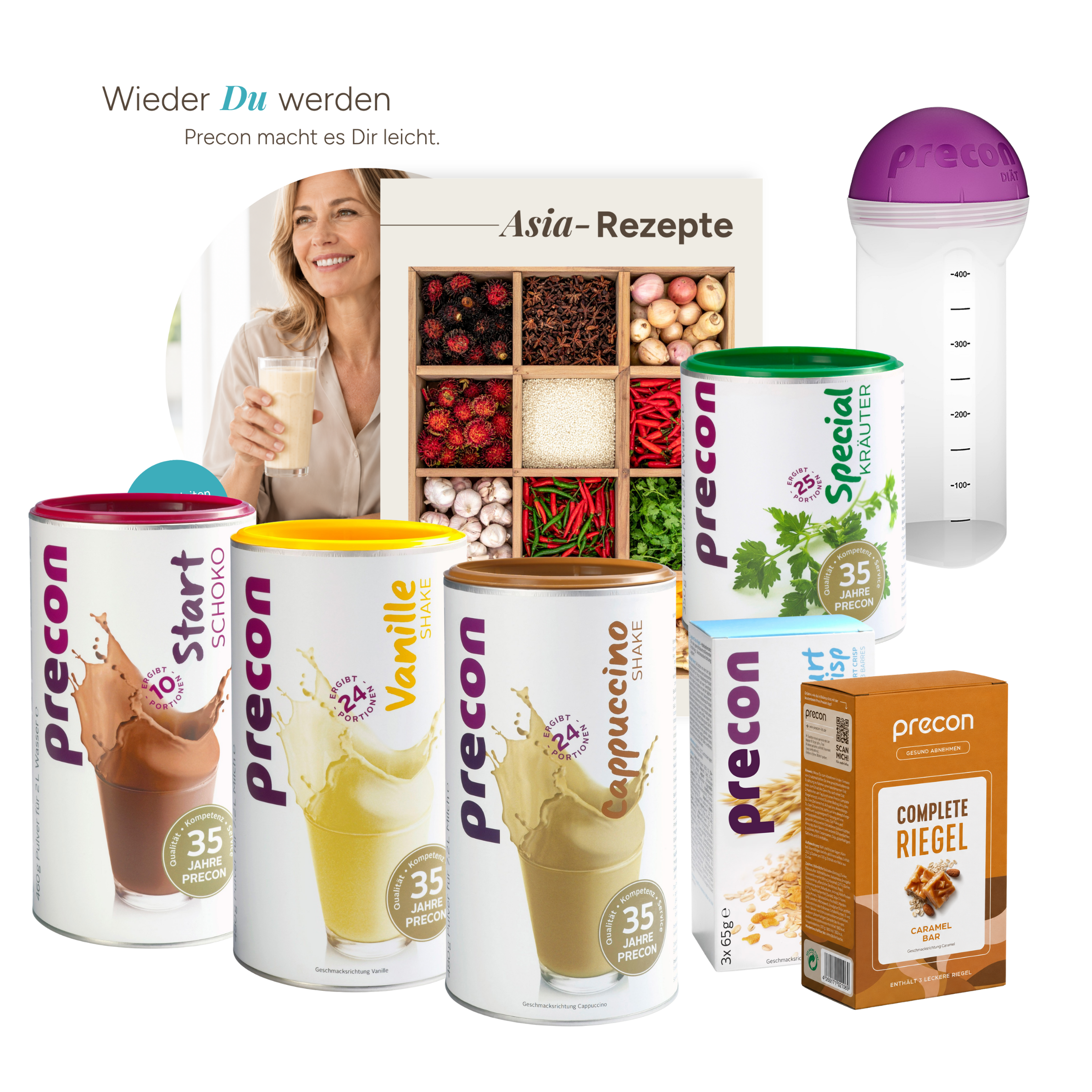 Es wird eine Auswahl der Produkte aus dem „4-Wochen-Frühlingspaket CH“ von Precon gezeigt, darunter Shakes, eine Shaker-Flasche, ein Rezeptbuch, ein Snackriegel und im Hintergrund eine lächelnde Frau.