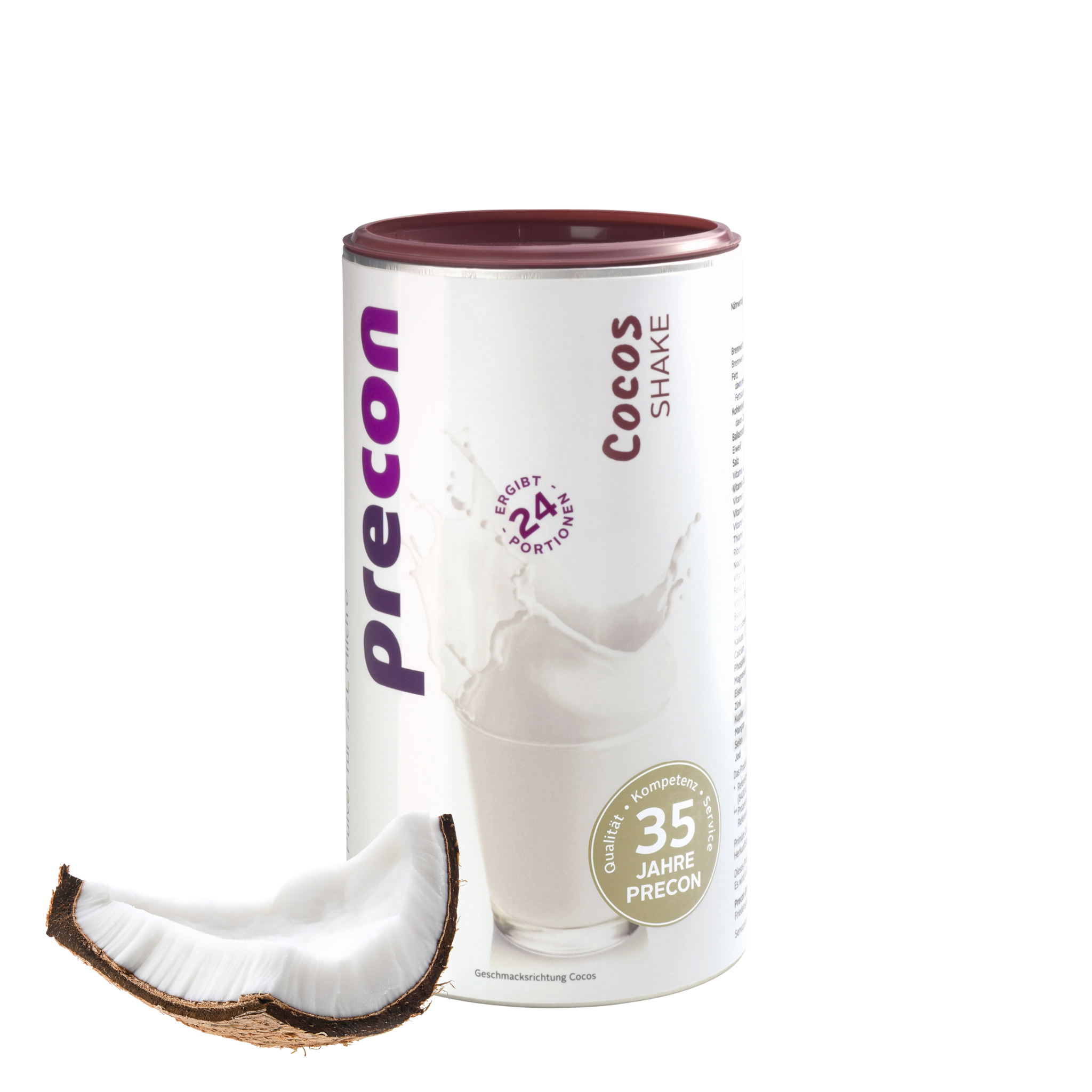 Ein Kanister Precon Cocos Shake steht aufrecht auf einem weißen Hintergrund, mit einem Spritzer Milch und einem Glas Shake auf dem Etikett. Vorne liegt ein frisches Kokosnussstück - ideal als Mahlzeitenersatz und zum Abnehmen.