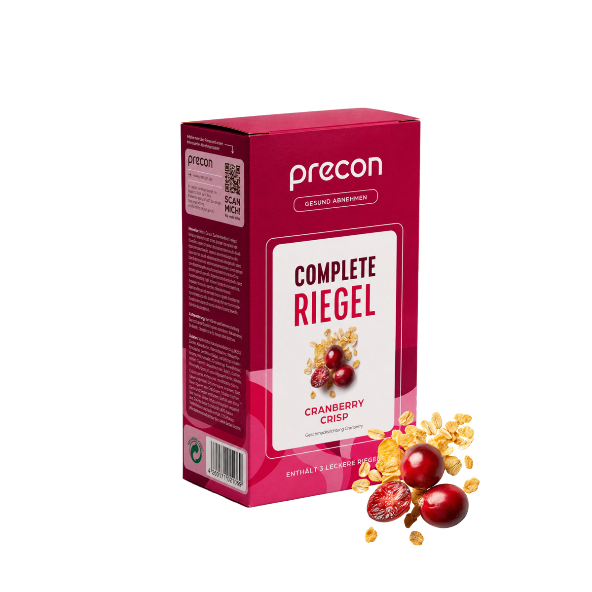 Eine Packung „Complete Riegel Cranberry Crisp“ der Anona GmbH ist abgebildet, wobei Cranberries und Getreideflocken vor der Verpackung auf weißem Hintergrund zu sehen sind.
