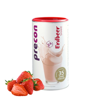 Ein Kanister Precon Erdbeer Shake mit dem Bild eines rosafarbenen Erdbeershakes auf dem Etikett steht neben frischen Erdbeeren - perfekt zum Abnehmen - vor einem schlichten weißen Hintergrund.