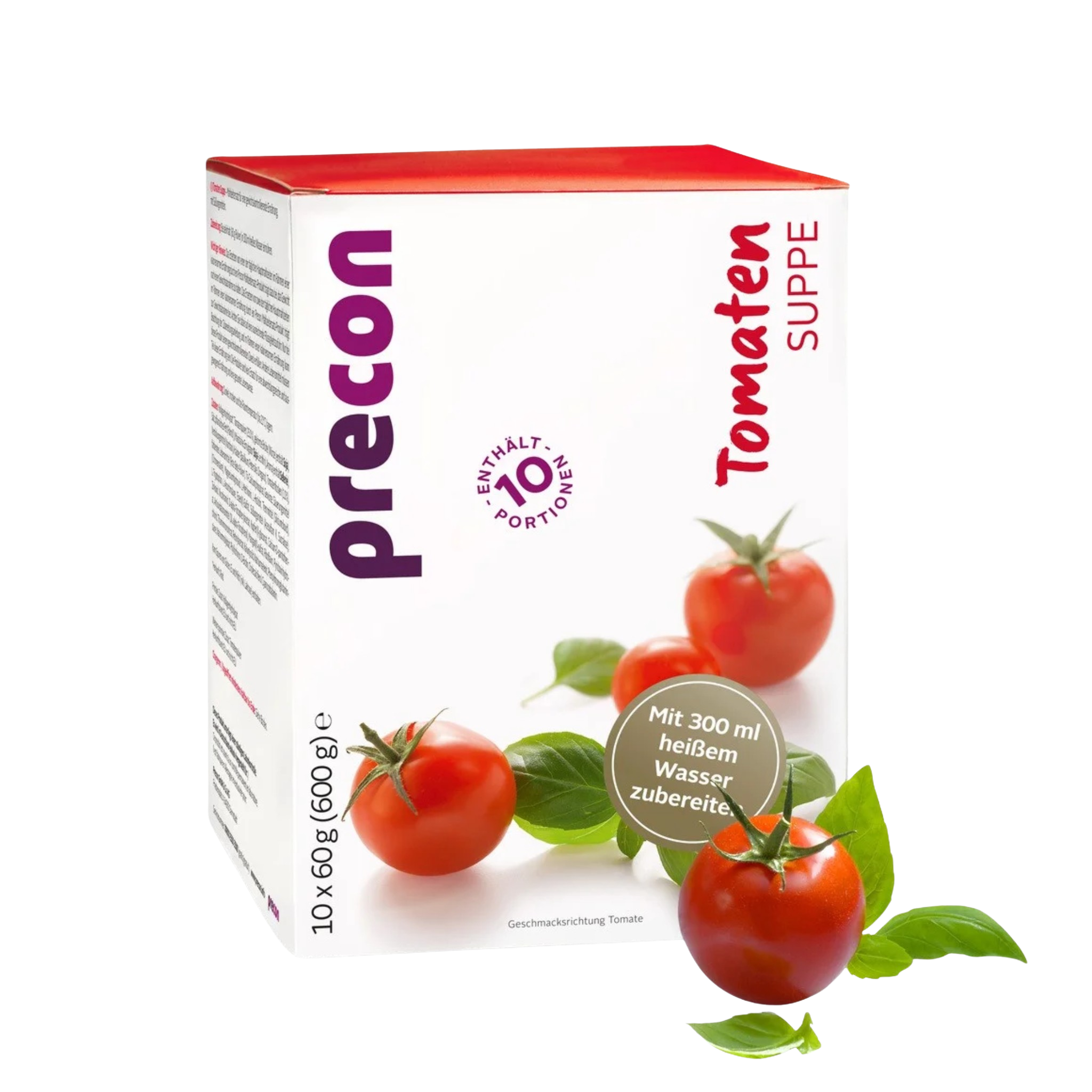 Eine Schachtel Precon Tomatensuppe zeigt Bilder von frischen Tomaten und Basilikum, enthält 10 Portionen, ist ideal für Diäten zur Gewichtsabnahme und enthält eine Anleitung zur Zubereitung mit 300 ml heißem Wasser.