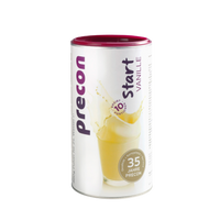Ein zylindrischer Behälter mit Precon Start Shake Vanille Mahlzeitenersatzpulver, mit einem Etikett, das ein Glas Shake, "10 Portionen", "Diätstart" und "35 Jahre Precon" zeigt, alles vor einem weißen Hintergrund.