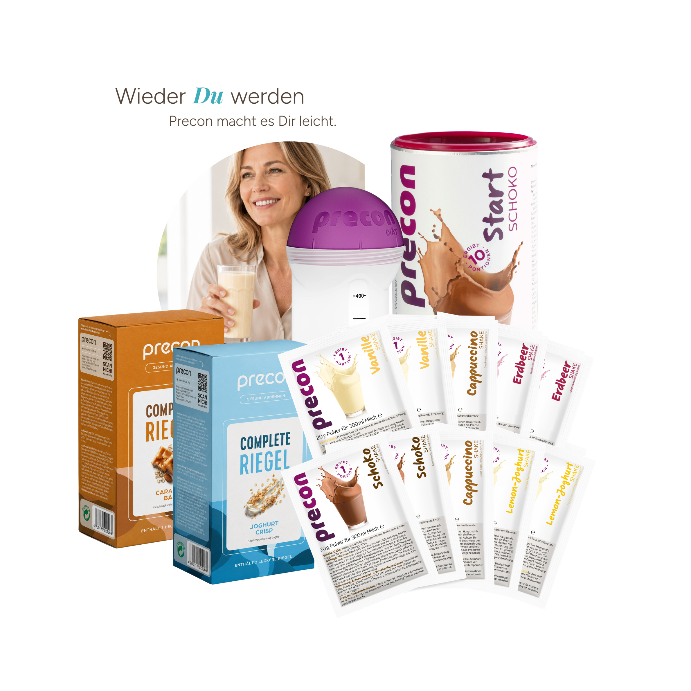 Precon Einsteiger-Startpaket CH, bestehend aus Getränkepulvern, Riegeln, Portionsbeuteln, einem Shaker und einer Broschüre, auf der eine lächelnde Frau mit einem Glas in der Hand zu sehen ist, angeordnet vor einem weißen Hintergrund.