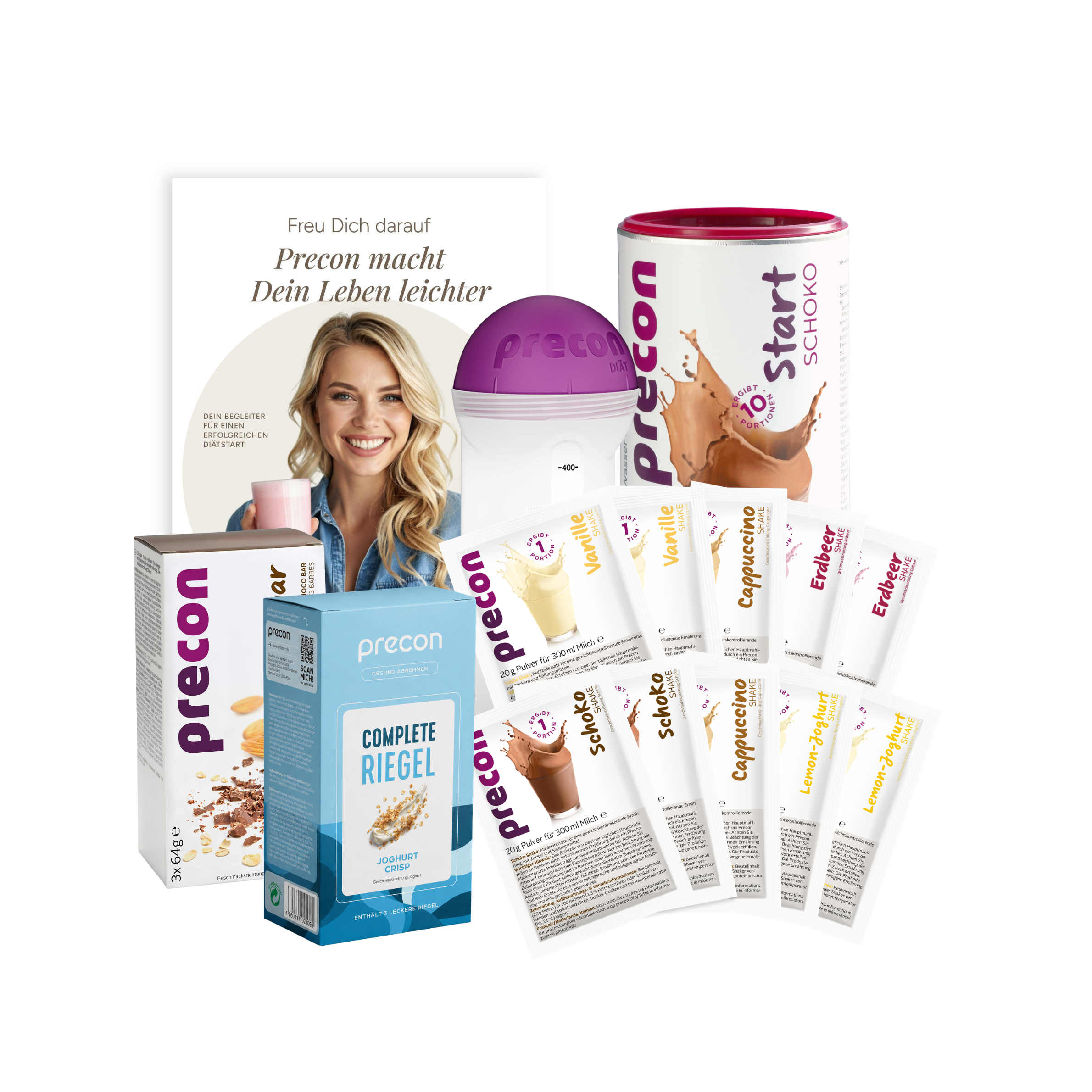 Das Precon Einsteiger-Startpaket CH enthält Mahlzeitenersatz-Shakes, eine pinkfarbene Shaker-Flasche, eine Schachtel Riegel, einen Vorratsbehälter sowie Verpackungen mit deutschen Texten; außerdem ist eine lächelnde Frau abgebildet, die den Drink genießt.