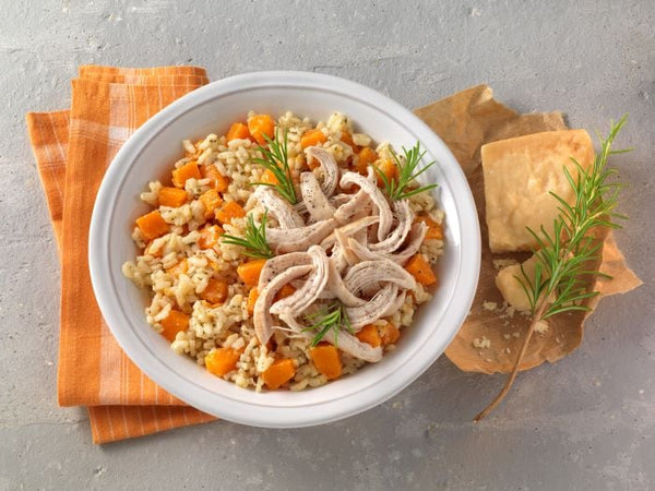 Risotto alla zucca con topping di pollo sfilacciato