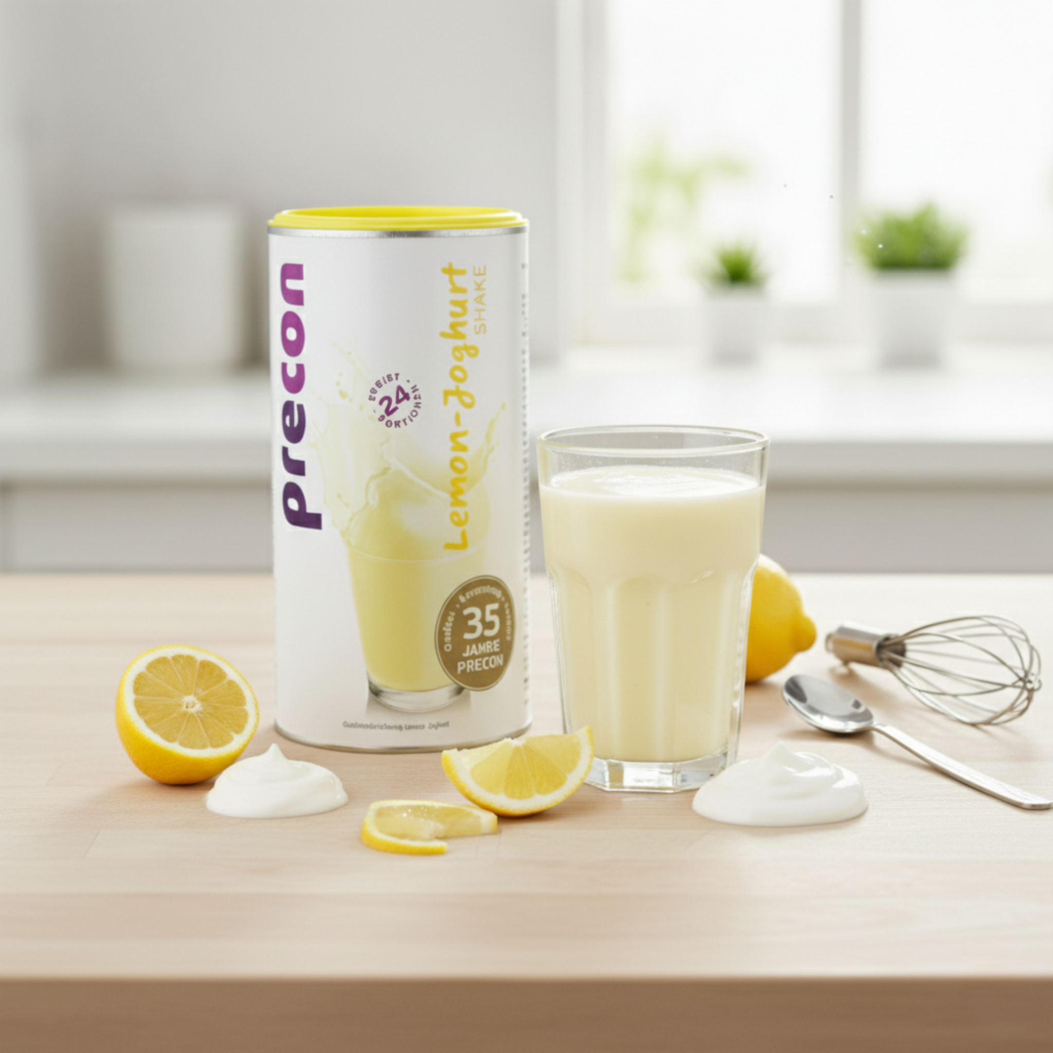 Ein Precon Zitronen-Joghurt-Shake-Behälter steht neben einem gefüllten Glas, frischen Zitronenhälften, Joghurtscheiben, einem Schneebesen und einem Löffel - schön arrangiert als Mahlzeitenersatz für effektives Abnehmen auf einer hellen Holzoberfläche.
