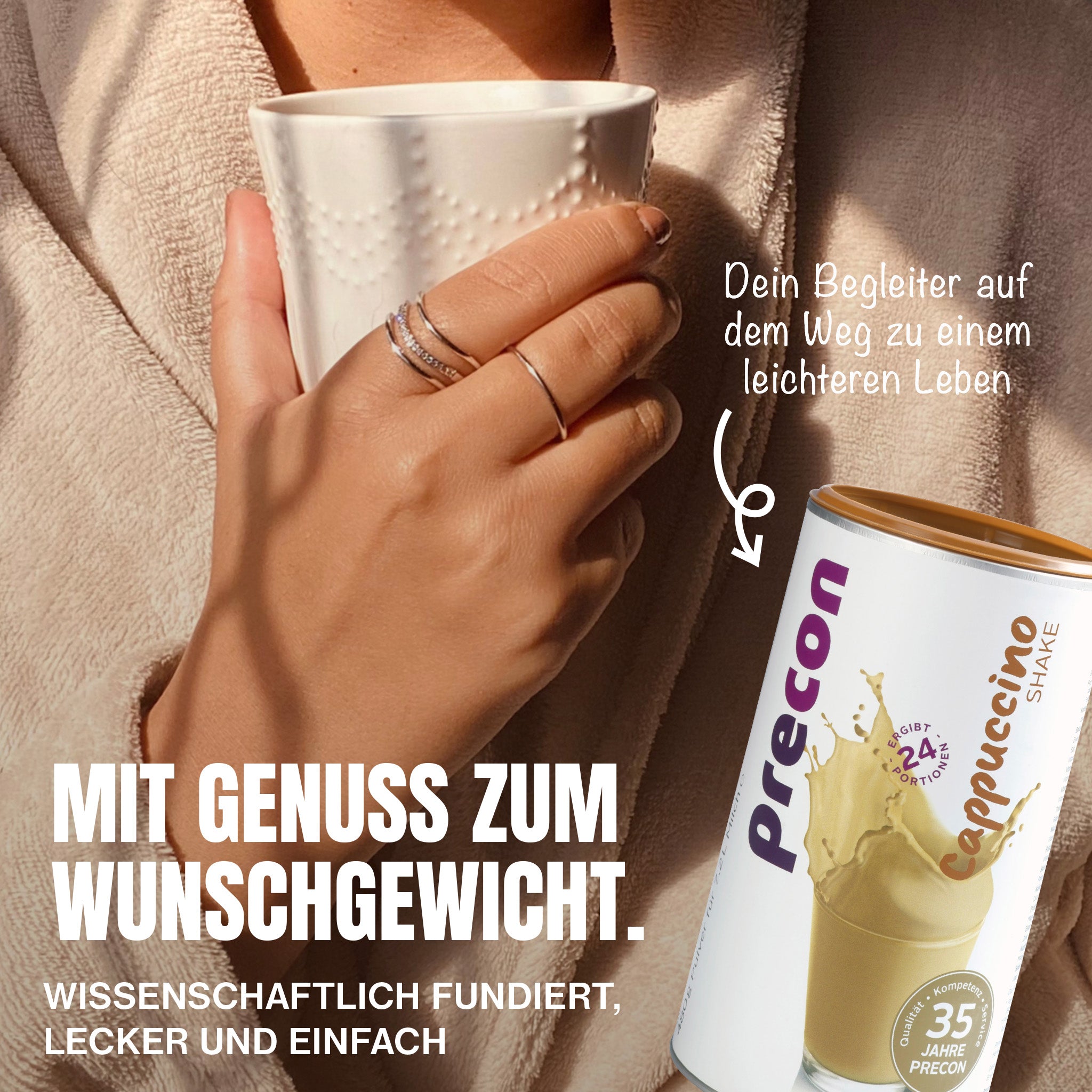 Eine Person hält mit beiden Händen einen weissen Becher. Daneben steht eine Dose Precon Einsteiger-Startpaket CH. Der deutsche Text wirbt für das genussvolle Abnehmen mit Precon und hebt die wissenschaftliche Grundlage, den guten Geschmack und die Bequemlichkeit hervor.