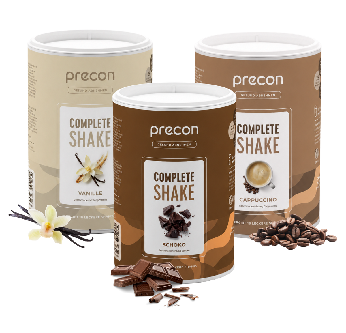 Drei Dosen aus dem „Precon Mix & Match“-Paket in den Geschmacksrichtungen Vanille, Schokolade und Cappuccino werden zusammen mit passenden Zutaten – Vanilleblüten, Schokoladenstückchen und Kaffeebohnen – vor jeder Dose auf einem weißen Hintergrund präsentiert.