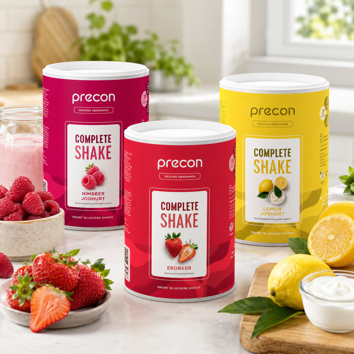 In einer hellen Küche stehen drei „Precon Mix & Match Bundle“-Behälter von Precon (mit den Geschmacksrichtungen Himbeer-Joghurt, Erdbeere und Zitronen-Joghurt) auf einem Tisch, daneben Schalen mit frischen Himbeeren, Erdbeeren und Zitronen sowie ein Glas rosa Milchshake.