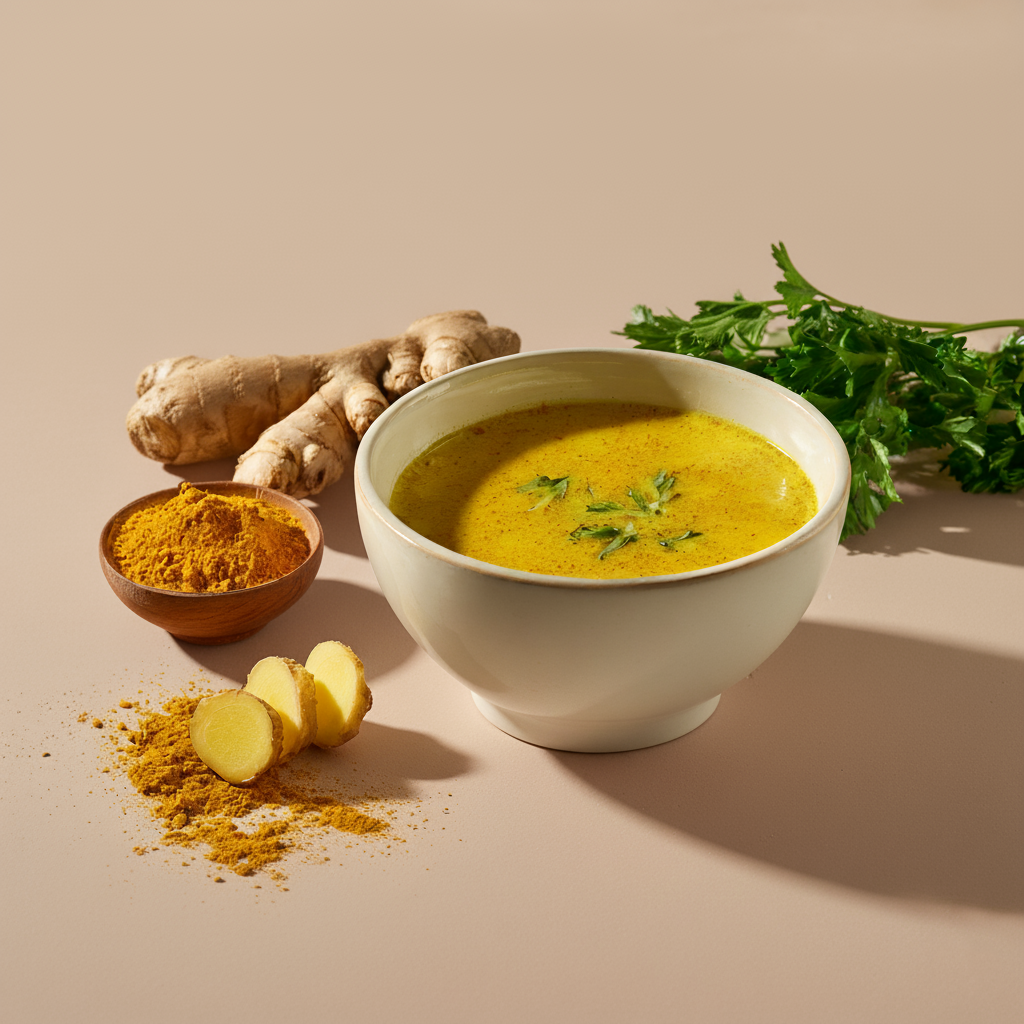 Eine Schale mit Precon Curry-India Suppe ist mit Kräutern garniert, umgeben von frischem Ingwer, Kurkumapulver, Ingwerscheiben und einem Bund Petersilie auf neutralem Hintergrund.