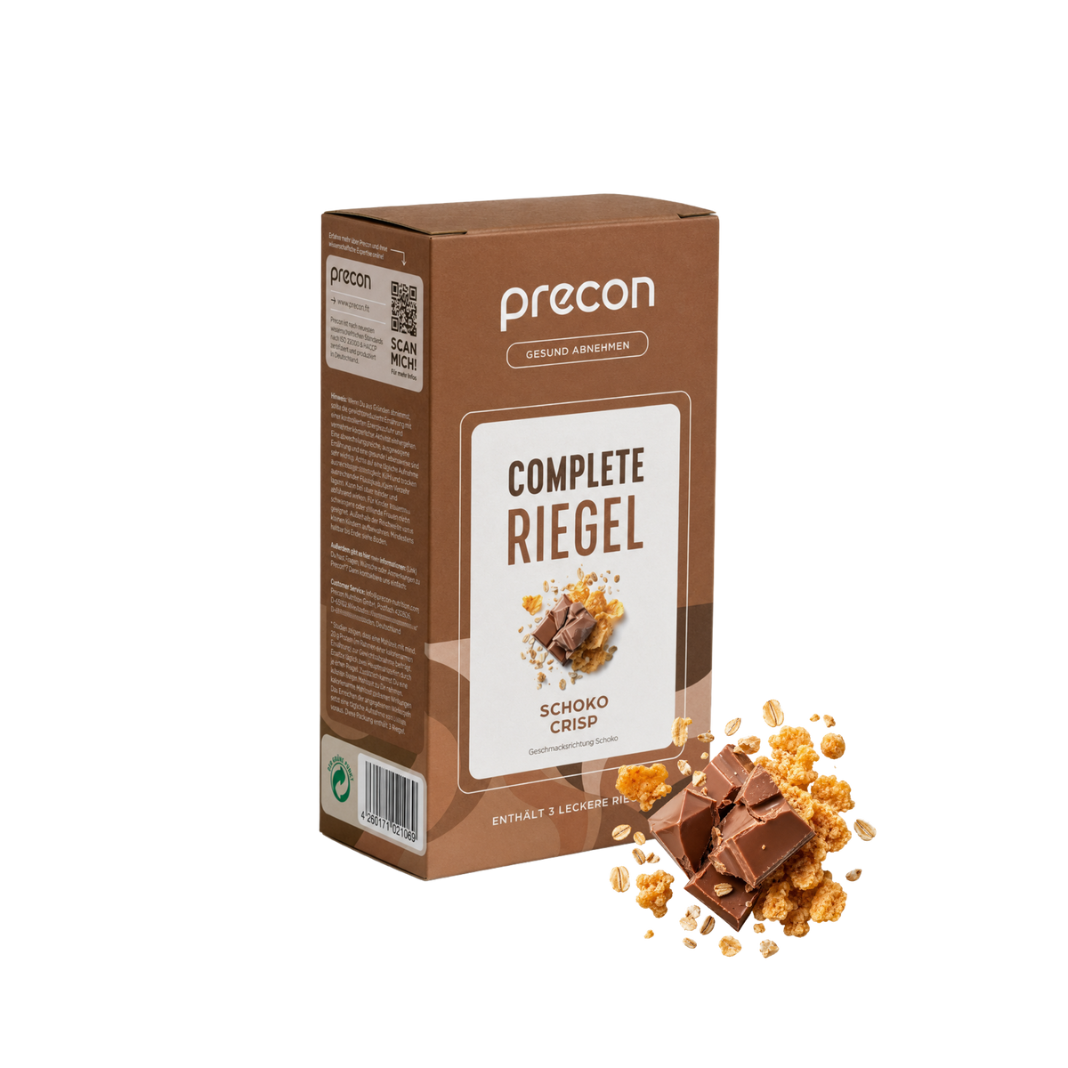 Auf der Vorderseite einer aufrecht stehenden braunen Verpackung der „Complete Riegel Schoko Crisp“-Riegel der Firma Anona GmbH ist ein Bild von Schokoladenstückchen und knusprigem Müsli zu sehen.