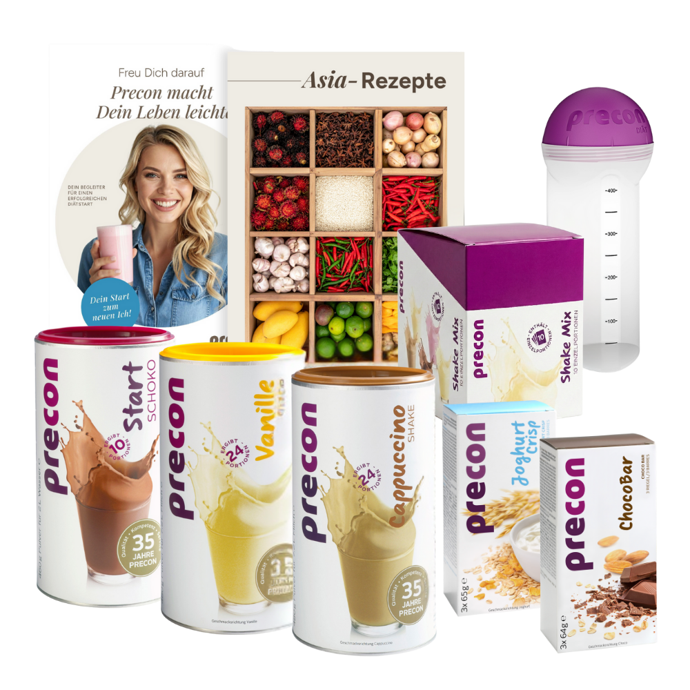 Das Precon 4-Wochen-Neujahrspaket CH enthält Schoko-, Vanille- und Cappuccino-Shake-Dosen, ChocoBar- und Joghurt-Riegel, eine Shaker-Flasche mit lila Deckel, ein Rezeptheft und ein Food-Grid-Foto.