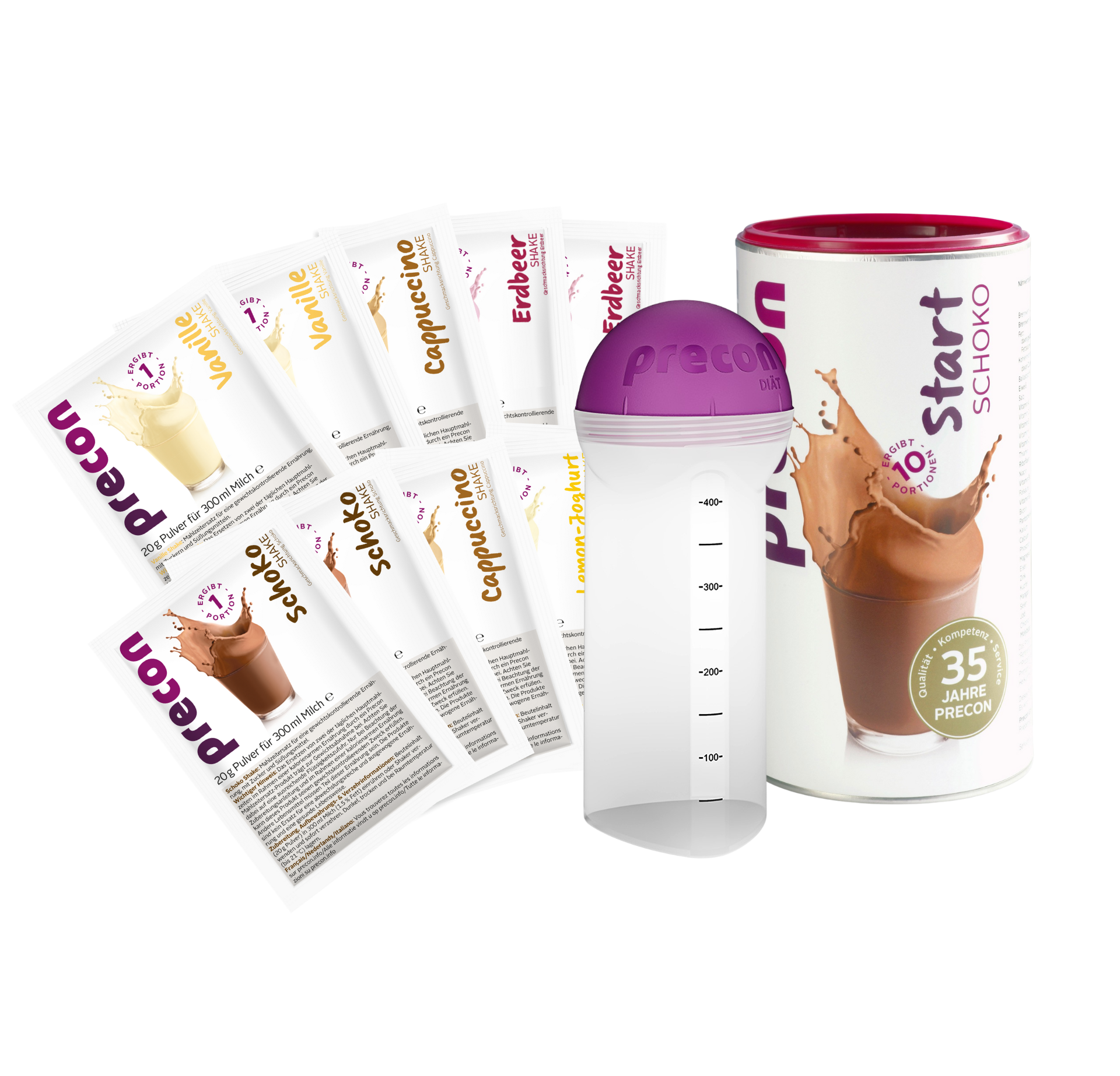 Das Set Precon Probierwoche EU (7 Tage) mit einem lilafarbenen Shaker mit Deckel und verschiedenen Einzelportions-Shakebeuteln ist auf weißem Hintergrund abgebildet - ideal für alle, die abnehmen wollen.
