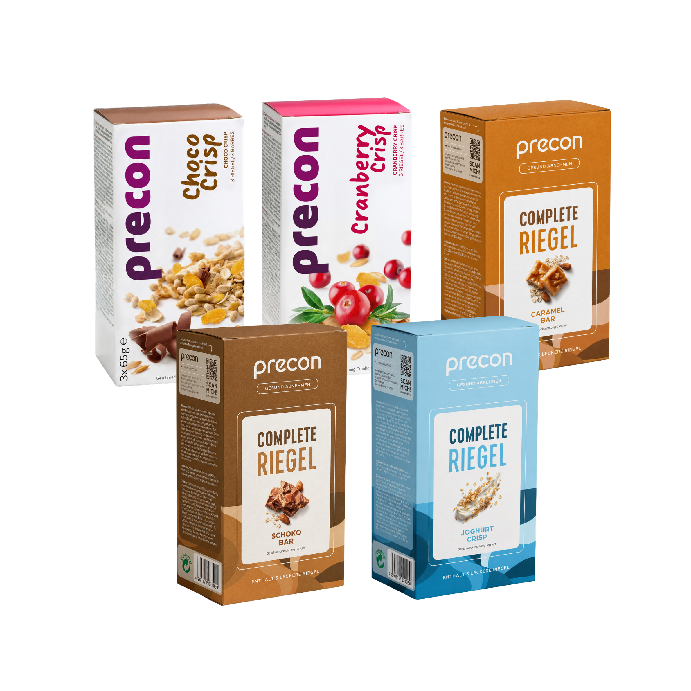 Entdecken Sie das Precon Riegel-Probier-Paket CH: fünf verschiedene Riegel-Sortimente – Choco Crisp, Cranberry Crisp, Caramel Bar, Schoko Bar und Yogurt Crisp – von Precon, ansprechend auf weißem Hintergrund arrangiert. Perfekt für alle, die mit einer Precon-Diät beginnen oder nach einem praktischen Mahlzeitenersatz suchen.