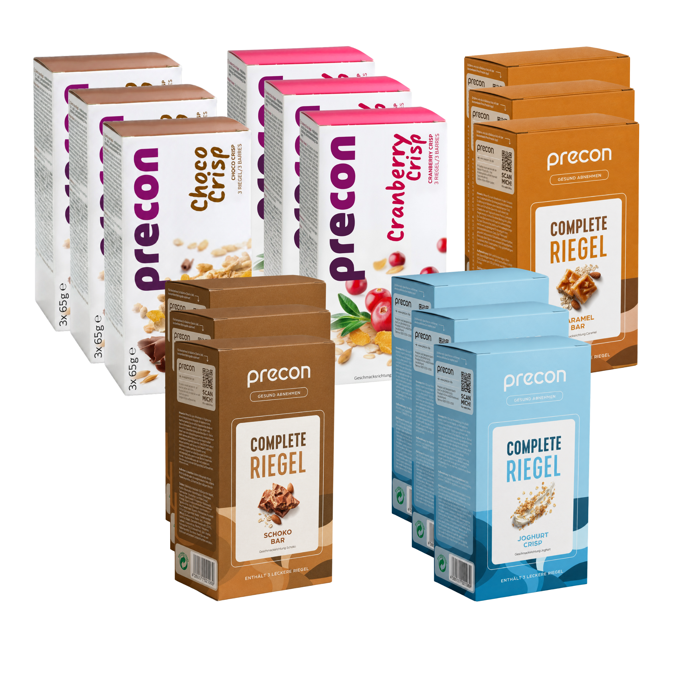 Je sechs Packungen „Precon Choco Crisp“ und „Cranberry Crisp“ sowie je drei Packungen „Precon Complete Riegel“ in den Geschmacksrichtungen „Schoko“ und „Joghurt“ sind gemeinsam vor einem weißen Hintergrund als Teil des „Precon Riegel-Vorrats-Paket CH“ ausgestellt.