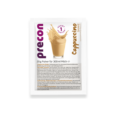 Das Precon-Paket: Der Cappuccino-Shake im Beutel präsentiert sich mit einem Bild, das einen cremigen Cappuccino im Glas zeigt. Auf der deutschsprachigen Verpackung finden sich Angaben zu den Nährwerten sowie Zubereitungshinweise für diesen köstlichen Mahlzeitenersatz – ideal zur Unterstützung bei der Gewichtsabnahme.