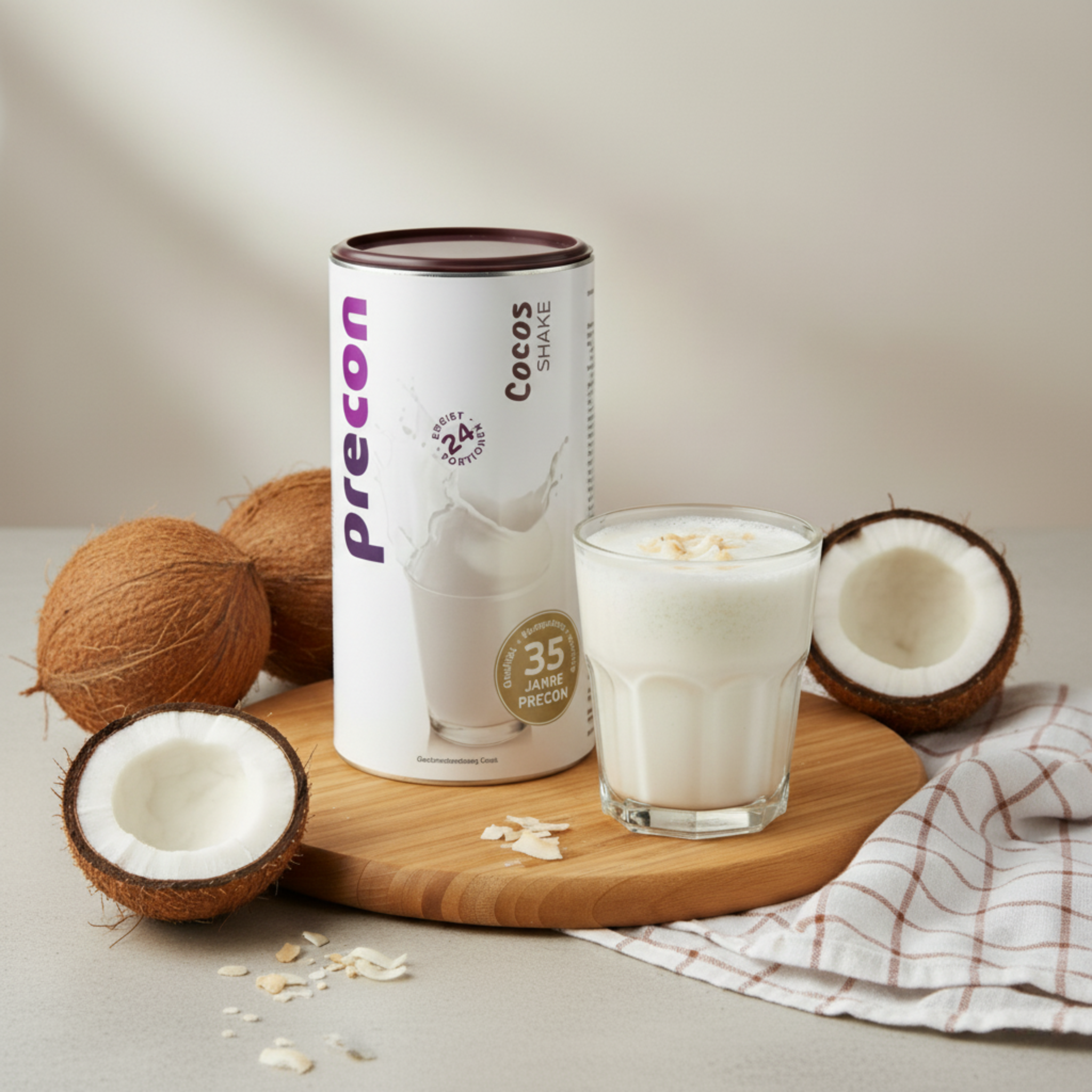 Ein Behälter mit Precon Cocos Shake steht neben einem Glas mit dem Shake, umgeben von ganzen und halbierten Kokosnüssen, Kokosflocken und einem gestreiften Tuch - ideal als leckerer Mahlzeitersatz für die Gewichtsabnahme.