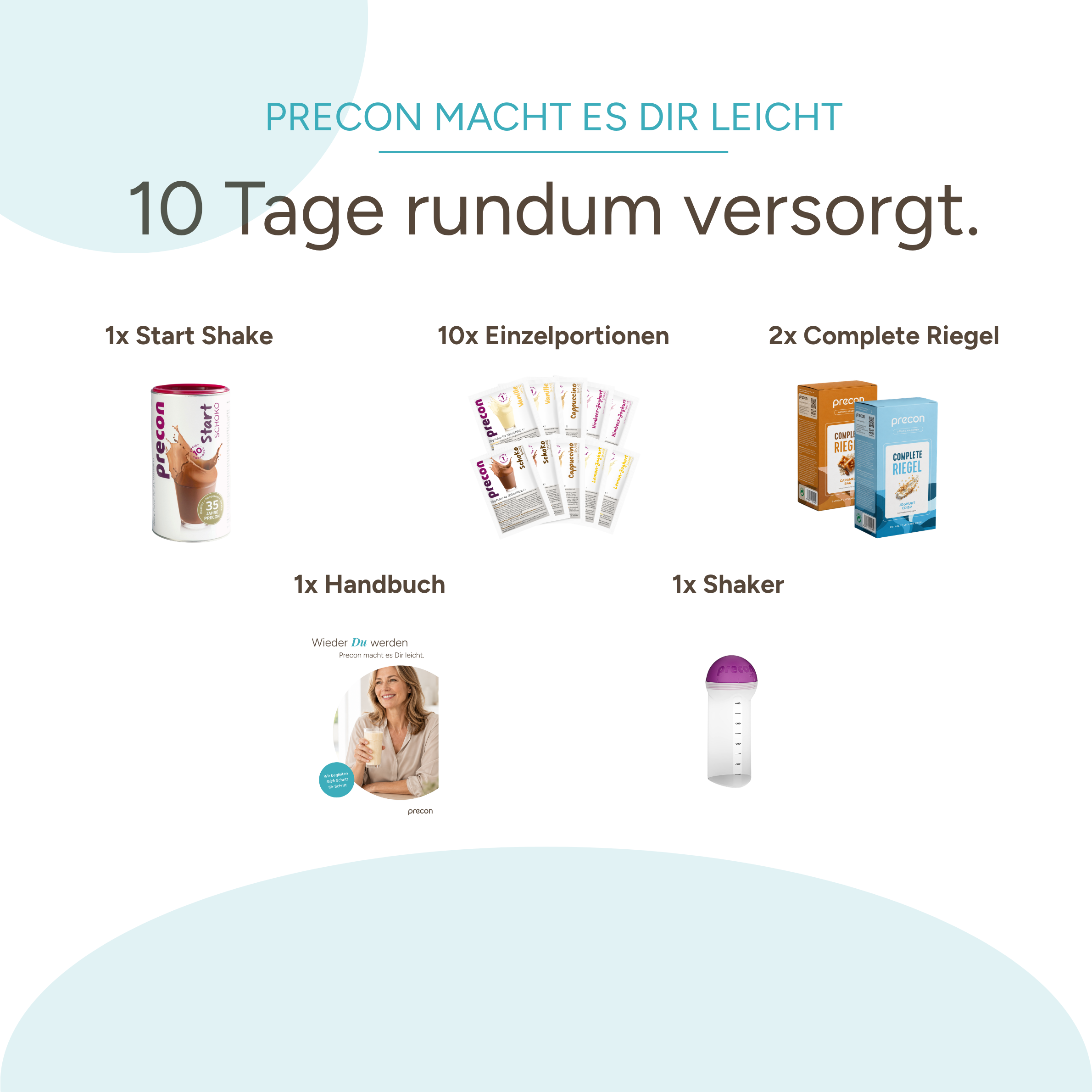 Ein „Precon Einsteiger-Startpaket CH“ (Set), bestehend aus einem „Start Shake“, zehn Einzelportionspäckchen, zwei Riegeln, einem Handbuch mit einer Frau auf dem Cover und einem weißen Shaker, alles auf weißem Hintergrund angeordnet und mit Text in deutscher Sprache versehen.