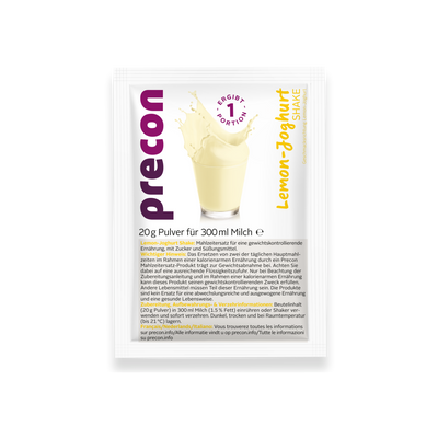 A-Paket: Beutel mit Zitronen-Joghurt-Shake von Precon, portioniert für eine Portion und zum Anrühren mit 300 ml Milch vorgesehen. Auf der Vorderseite ist ein mit dem gelben Shake gefülltes Glas abgebildet, daneben befinden sich die Nährwertangaben auf Deutsch. Dieser Zitronen-Joghurt-Shake eignet sich ideal als Mahlzeitenersatz und unterstützt Ihre Diät zur Gewichtsabnahme.