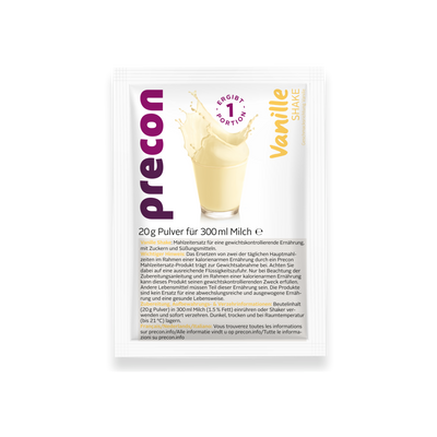 Ein weißes „Paket“: Vanille-Shake-Beutel von Precon mit dem Bild eines mit Vanille-Shake gefüllten Glases sowie einem deutschen Text mit Produktdetails und Zubereitungshinweisen.