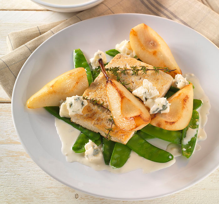 Gebratener Tofu mit Birne, Kefen und Gorgonzola